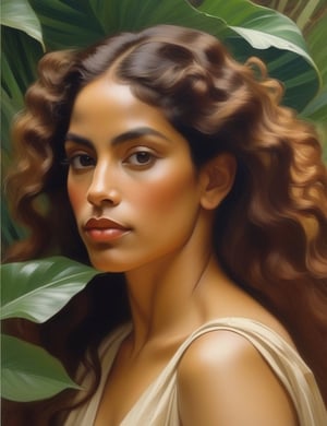 "Create a captivating pencil canvas artwork depicting a 30-year-old woman from the Amazon region. Pay meticulous attention to intricate details, emphasizing her caramel skin tone and the well-defined, wavy, and full curls of her hair. Infuse the artwork with nature-inspired elegance reminiscent of artists like Gustav Klimt, Tarsila do Amaral, and John Singer Sargent. The composition should be a close-up of her face, capturing the unique features and essence of her Amazonian origin."

