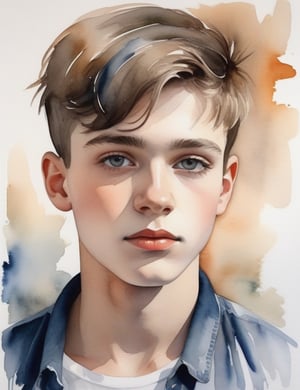 "Create an elegant watercolor canvas artwork, portraying a 17-year-old French young man. Embrace the watercolor medium inspired by artists like Paul Cézanne, Henri Matisse, and Jean-Baptiste-Camille Corot. Use subtle tones to capture the nuances of his white skin tone and the texture of his spiky, short hair in a close-up view of his face. Convey an intimate and expressive atmosphere through the delicate application of watercolors."

