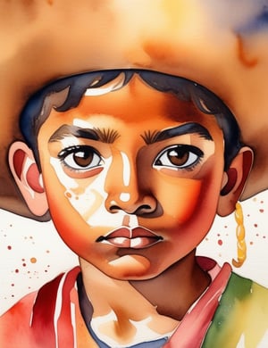 "Craft a masterful watercolor canvas artwork, portraying a 13-year-old Mexican boy. Channel the watercolor mastery inspired by artists like Diego Rivera, Frida Kahlo, and Rufino Tamayo. Use a warm and vibrant color palette to capture the essence of his caramelo skin tone and the full, curly texture of his hair in a close-up view of his face. Convey an intimate and expressive atmosphere through the skillful application of watercolors."

