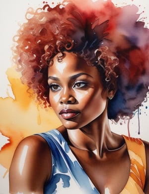 "Create a stunning watercolor canvas artwork, portraying a 25-year-old African woman. Draw inspiration from artists like Laolu Senbanjo, Toyin Ojih Odutola, and Eddy Kamuanga Ilunga. Use a vibrant and diverse color palette to celebrate the richness of her heritage, capturing the beauty of her tightly knit, curly hair in a close-up view of her face. Convey an intimate and expressive atmosphere through the dynamic application of watercolors."

