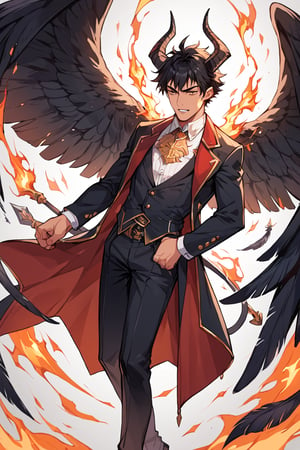 score_9_up, score_9, score_8_up, score_8, score_7, score_7_up, score_6_up, score_5_up, score_4_up, male, illustration, black hair, demon, regal horns, wings, black feathered wings, multiple wings, burning feathers, refined clothes, dressed, lucifer, BREAK source_anime,