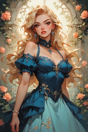 score_9_up, score_9, score_8_up, score_8, score_7, score_7_up, score_6_up, score_5_up, score_4_up, female, illustration,  beautiful, cinematic, dress, long hair, blonde hair, pale skin, brown eyes, bratty, hourglass figure, regal appearance, earrings, rich,