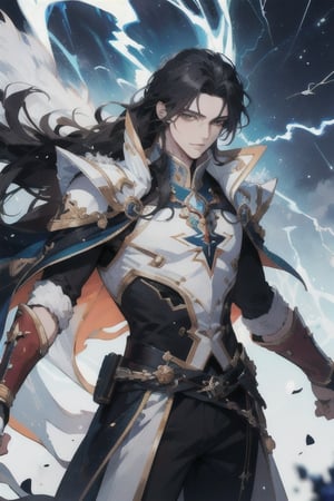 (masterpiece, best quality), (detailed), male, scarred, magic, handsome, handsome, powerful figure, black hair with white streaks, long hair, icemagicAI, firemagicAI, lightningmagicAI