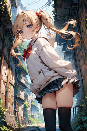 ((masterpiece)), ultra detailed, best quality, illustration, Beautiful eyes, detailed, background, scenery, stunning eyes, female, 1girl, slender, petite, creamy skin, cute, blonde hair, detailed hair, pigtails, white baggy hoodie, school_girl, thighhigh socks, red bow tie,