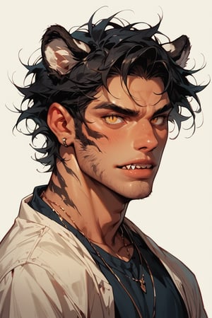 score_9_up, score_9, score_8_up, score_8, score_7, score_7_up, score_6_up, score_5_up, score_4_up, male, illustration, tiger ears, tiger tail, lean, messy hair, black hair, tall and lean, with a athletic yet lithe build, tiger ears, long tiger tail, sharp canine teeth. slit pupils, yellow eyes,
