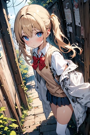 ((masterpiece)), ultra detailed, best quality, illustration, Beautiful eyes, detailed, background, scenery, stunning eyes, female, 1girl, slender, petite, creamy skin, cute, blonde hair, detailed hair, pigtails, white baggy jacket, school_girl, thighhigh socks, red bow tie, sweater vest under jacket, school_uniform, cute, long hair, bright eyes, 