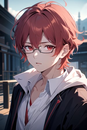  masterpiece, best quality, high quality, highres, official art, extremely detailed, ultra detailed, absurdres, detailed eyes, ((male, 1boy)), red hair, school, anime, slender, red eyes, scenery, background, glasses, messy hair with bangs, portrait