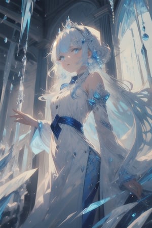 {{masterpiece}}, {{ultra detailed}}, {ultra quality}, {dramatic shadows}, {cinematic lighting}, intricate expression, princess, blue white hair set in perfect princess curls. blue white eyes, athletic, button nose, slender, pale skin ,portrait,illustration, royalty, icicles, ice, frost, 