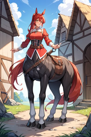 score_9_up, score_9, score_8_up, score_8, score_7, score_7_up, score_6_up, score_5_up, score_4_up, source_anime, BREAK, female, red hair, long_ponytail, shire horse breed, large horse, red hair, centaur, Centaur, white feet, large feet, battlehorse, black horse tail, ((black horse)), medieval,