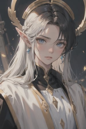 ((best quality)), ((masterpiece)), ((detailed)), long hair, (black hair) with white streaks, elven_ears, male, tall, king, regal, stoic expression, 