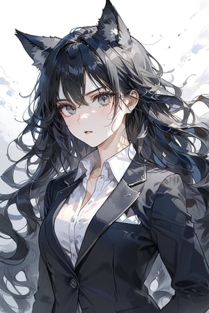 ((masterpiece)), ultra detailed, best quality, 8k, aesthetic, 1girl, female, illustration, Beautiful eyes, detailed, background, stunning eyes, long hair, black hair, wild hair, grey eyes, wolf ears, athletic, white shirt, blazer, Expressiveh,dark theme, muscle,scenery