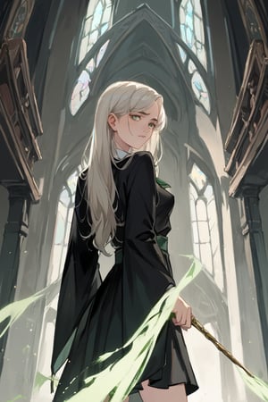 score_9_up, score_9, score_8_up, score_8, score_7, score_7_up, score_6_up, score_5_up, score_4_up, female, illustration, beautiful, cinematic, harry potter, slytherin, green and silver tie, black robes, skirt, platinum blonde hair, long hair,BREAK,source_anime