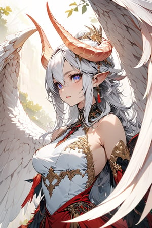 ((masterpiece)), ultra detailed, best quality, illustration, Beautiful eyes, detailed, background, stunning eyes, female, winged, white scales, crimson underbelly, regal horns, white hair, claws, large wings, detailed scales, anthro, 