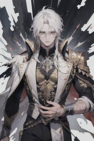 (masterpiece, best quality, highres:1.3), ultra resolution image, (1guy), (solo), male, scarred, magic, handsome, handsome, powerful figure, white hair, shoulder length hair,1guy, scarred face, clawed face, scars,