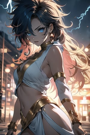 manga, anime, illustration, digital art, (masterpiece, best quality:1.2), (ultra detailed),(illustration), wallpaper, original, female, long black and red hair, messy hair, greek_mythology, white chiton, long hair, wrath, lithe, athletic figure, midjourney, greek clothes, stormy blue eyes, piercing eyes, multicolored_hair, lightning,