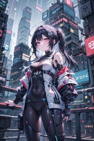 artoon, anime, illustration, digital art, background, (masterpiece, best quality), background, female, cyberpunk, black hair, (multicolored_hair), augmented_body, ((cybernetics)), jacket, cyborg,robotskin,  highly detailed, textured hair, bangs, leggings, port on her neck,cyber_mark, casual clothes, arms, rolled up sleeves, t-shirt,NJI BEAUTY