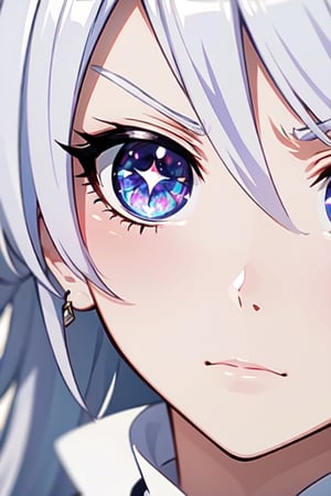 ((masterpiece)), ((best quality)), ((ultra high resolution)), anime_screencap, kiana kaslana, white hair, long hair, wild hair, close_up, pissed_off. perfect eyes, perfect face, kiana kaslana, purple pupils,blue eyes