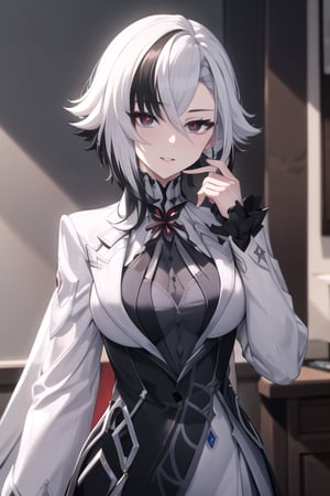 ((best quality)), ((masterpiece)), ((detailed)), female, long_hair, beautiful,  pale, regal, dress, noble lady, slender, large eyes, cute nose, full lips, petite, 1girl, solo, white hair, black hair, multicolored hair, x-shaped pupils, black eyes,