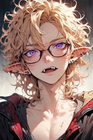 ((masterpiece)), ultra detailed, best quality, illustration, Beautiful eyes, detailed, background, stunning eyes, blonde hair, messy wavy hair, 1boy, male, nerdy, skinny, glasses, bruises, short hair, long bangs, deep blue eyes, purple eyes, vampire, pointed elven ears, freckled nose, lip ring, ear piercing, jacket,Fang