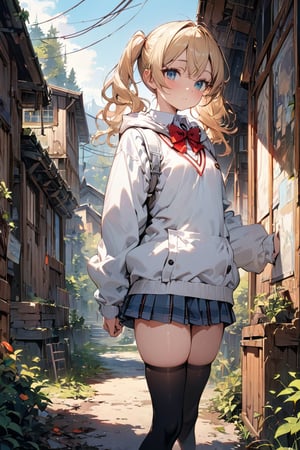 ((masterpiece)), ultra detailed, best quality, illustration, Beautiful eyes, detailed, background, scenery, stunning eyes, female, 1girl, slender, petite, creamy skin, cute, blonde hair, detailed hair, pigtails, white baggy hooded jacket, school_girl, thighhigh socks, red bow tie, sweater vest, school_uniform,