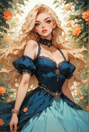 score_9_up, score_9, score_8_up, score_8, score_7, score_7_up, score_6_up, score_5_up, score_4_up, female, illustration,  beautiful, cinematic, dress, long hair, blonde hair, pale skin, brown eyes, bratty, hourglass figure, regal appearance, earrings, rich,