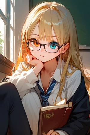 (score_9,score_8_up,score_7_up,score_6_up,score_5_up,score_4_up), anime, female, heterochromia, pale skin, blonde, glasses, school, girl at home, knees_up, sitting, reading a book, school_uniform