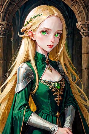 (masterpiece, best quality, highres:1.3), ultra resolution image, female, medieval, long blonde hair, green eyes, sharp eyes, pale skin, medieval, slender, formal, fantasy, oil painting style, realistic,