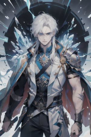 (masterpiece, best quality, highres:1.3), ultra resolution image, (1guy), (solo), male, scarred, magic, handsome, handsome, powerful figure, white hair, shoulder length hair,1guy, scarred face, clawed face, scars,Detailedface, ice blue eyes, scabbard, lightningmagicAI,