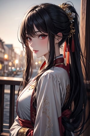 (masterpiece, best quality), (detailed), girl, red eyes, long hair, long tail of hair, midjourney portrait, low pony tail, hanfu, tessel, bangs, long sleeves, single pony tail,