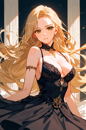 score_9_up, score_9, score_8_up, score_8, score_7, score_7_up, score_6_up, score_5_up, score_4_up, female, illustration,  beautiful, cinematic, dress, long hair, blonde hair, pale skin, brown eyes. bratty, hourglass figure, regal appearance, earrings, rich,, BREAK,source_anime,Beautiful eyes,Eyes