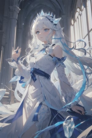 {{masterpiece}}, {{ultra detailed}}, {ultra quality}, {dramatic shadows}, {cinematic lighting}, intricate expression, ice princess, blue white hair set in perfect princess curls. blue white eyes, athletic, button nose, slender, pale skin, 