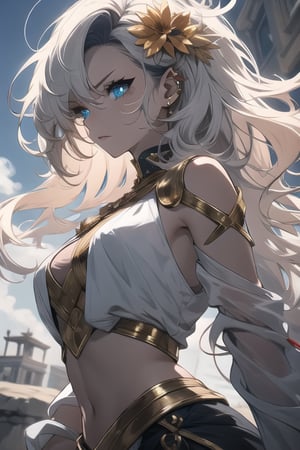 manga, anime, illustration, digital art, (masterpiece, best quality:1.2), (ultra detailed),(illustration), wallpaper, original, female, long black and ed hair, messy hair, anime_screencap, greek_mythology, white chiton, long hair, wrath, lithe, athletic figure,midjourney,greek clothes, stormy blue eyes, piercing eyes, multicolored_hair,