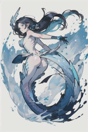 (manga, anime, illustration, digital art, masterpiece, best quality), female, slender, Great White Shark, Great White Shark Mermaid, (dark blue hair), long and flowing hair that often getting tangled in seaweed and coral, piercing blue eyes, pale skin, body is covered in intricate swirling patterns of darker blue and white, great white shark skin, hips and legs merge into a shimmering tail with a powerful caudal fin and a series of dorsal fins running along her back, scales, scales on arms, fins, dorsal fins, mermaid, fins along back, 