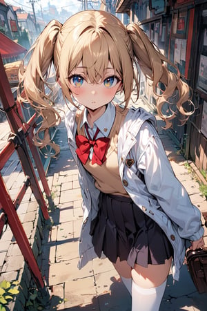 ((masterpiece)), ultra detailed, best quality, illustration, Beautiful eyes, detailed, background, scenery, stunning eyes, female, 1girl, slender, petite, creamy skin, cute, blonde hair, detailed hair, pigtails, white baggy jacket, school_girl, thighhigh socks, red bow tie, sweater vest under jacket, school_uniform, cute, long hair, bright eyes, 