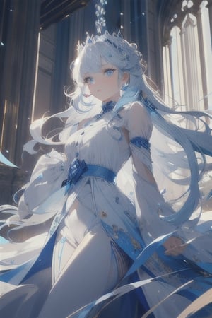 {{masterpiece}}, {{ultra detailed}}, {ultra quality}, {dramatic shadows}, {cinematic lighting}, intricate expression, ice princess, blue white hair set in perfect princess curls. blue white eyes, athletic, button nose, slender, pale skin ,portrait,illustration