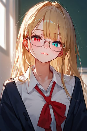 (score_9,score_8_up,score_7_up,score_6_up,score_5_up,score_4_up), lithe girl, female, heterochromia, pale skin, blonde, glasses, school girl, 