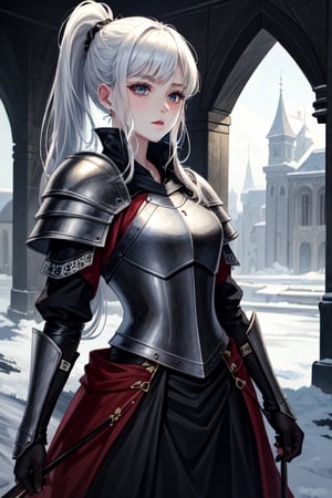 ((best quality)), ((masterpiece)), (detailed), scenery, pale skin, tomboy, (medieval), ice princess, ice, white hair, athletic, knight, long_ponytail, armour,