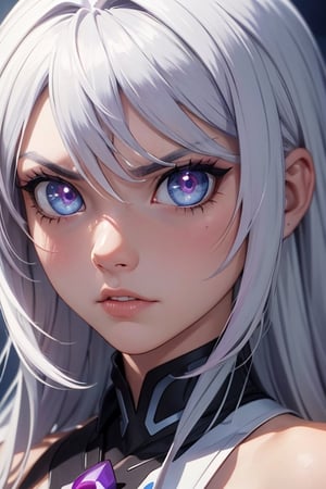 ((masterpiece)), ((best quality)), ((ultra high resolution)), anime_screencap, kiana kaslana, white hair, long hair, wild hair, close_up, pissed_off. perfect eyes, perfect face, kiana kaslana, purple pupils,blue eyes