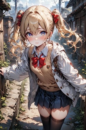 ((masterpiece)), ultra detailed, best quality, illustration, Beautiful eyes, detailed, background, scenery, stunning eyes, female, 1girl, slender, petite, creamy skin, cute, blonde hair, detailed hair, pigtails, white baggy jacket, school_girl, thighhigh socks, red bow tie, sweater vest under jacket, school_uniform, cute, long hair, bright eyes,Expressiveh