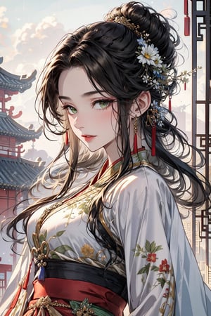 ((best quality)), ((masterpiece)), (detailed), female, slender, chinese, black hair, pale skin, green_eyes, straight_hair, beautiful, regal, chinese_clothes,  graceful,midjourney portrait, hanfu,ancient_beautiful,Detailedface