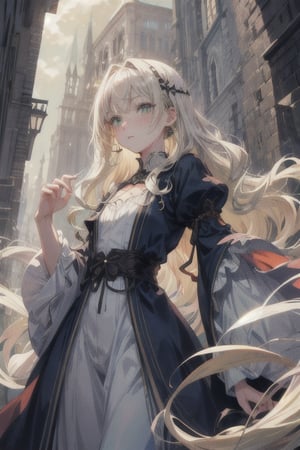 manga, anime, illustration, digital art, (masterpiece, best quality:1.2), (ultra detailed),(illustration), wallpaper, original, female, Green eyes, Wavy hair, Platinum Blonde hair, regal, queen, dress, medieval, high cheekbones, small nose, pale skin, freckles, adult, slender, 