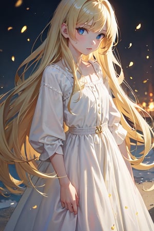 ((masterpiece)), ((ultra detailed)), (ultra quality), (very_high_resolution), realistic, golden blonde hair, blue eyes, pale skin, peasant, petite, dress, simple dress, 