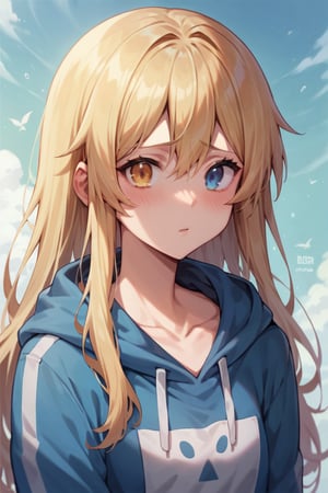 score_9, score_8_up, score_7_up, score_6_up, BREAK source_anime, female, seldner , shy girl, long blonde hair, pretty, nerdy, heterochromia, blue and amber eyes, baggy clothing, make-up, hourglass_figure, masterpiece, best quality, more flesh, hoodie