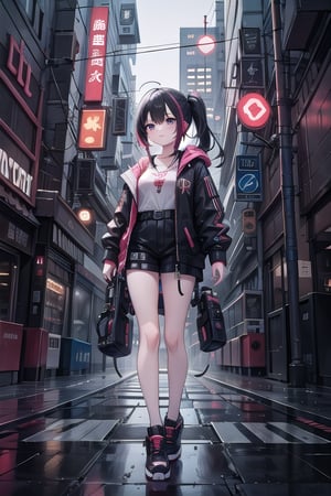 artoon, anime, illustration, digital art, background, (masterpiece, best quality), background, female, full-body_portrait, cyberpunk, pony tail, black hair, multicolored_hair, augmented_body, cybernetics, lone female standing in a cyberpunk city, wearing normal clothes, jacket, 