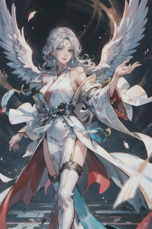 manga, anime, illustration, digital art, background, (masterpiece, best quality), female, wings, winged, silver hair, long flowing hair, slender figure, flowing white robes, turquoise eyes, long dress,AngelTekken