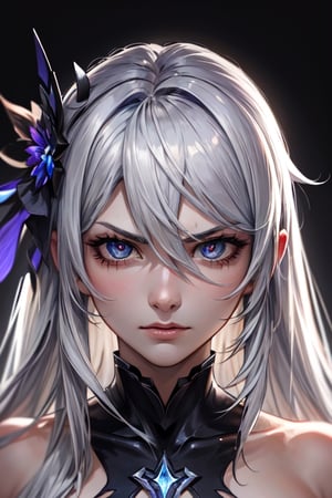 ((masterpiece)), ((best quality)), ((ultra high resolution)), realistic,kiana kaslana, white hair, long hair, wild hair, close_up, pissed_off. perfect eyes, perfect face,