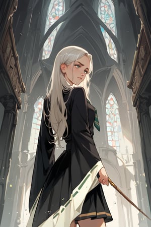 score_9_up, score_9, score_8_up, score_8, score_7, score_7_up, score_6_up, score_5_up, score_4_up, female, illustration, beautiful, cinematic, harry potter, slytherin, green and silver tie, black robes, skirt, platinum blonde hair, long hair,BREAK,source_anime