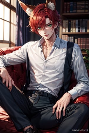 ((best quality)), ((masterpiece)), (detailed), male, 1_boy, sharp eyes, fox ears, sly, fox, red hair, modern clothing, green eyes, formal shirt, pants, casual,