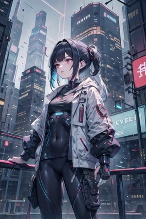 artoon, anime, illustration, digital art, background, (masterpiece, best quality), background, female, cyberpunk, black hair, multicolored_hair, augmented_body, ((cybernetics)), lone female, slender female, jacket, cyborg,robotskin, Mechanical modifications, highly detailed, textured hair, bangs, leggings, port on her neck,cyber_mark, 