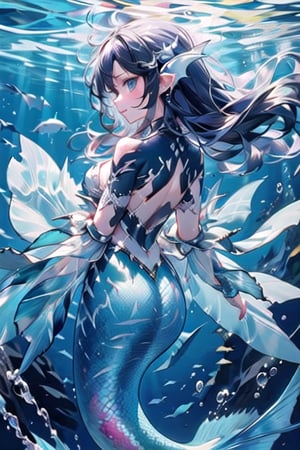 manga, anime, illustration, digital art,(masterpiece, best quality), female, slender, ((Great White Shark Mermaid)), Angular and strong face, high cheekbones, pointed chin, dark blue hair, long and flowing hair that often getting tangled in seaweed and coral, eyes are a piercing shade of blue, upper body of a human, pale skin, body is covered in intricate swirling patterns of darker blue and white that is reminiscent of a great white shark's skin, Her hips and legs merge into a shimmering tail that is powerful caudal fin and a series of dorsal fins running along her back, scales, scales on arms, fins, ((dorsal fins along back)), mermaid